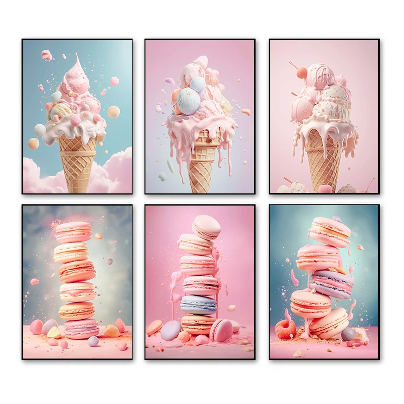 Photography Food - โปสเตอร์และภาพพิมพ์มาการองไอศกรีมสีชมพูแบบไม่มีกรอบ พิมพ์บนผ้าแคนวาส ภาพศิลปะติดผนังสไตล์ปารีส สำหรับตกแต่งห้องเด็กผู้หญิง ร้านขนมหวาน